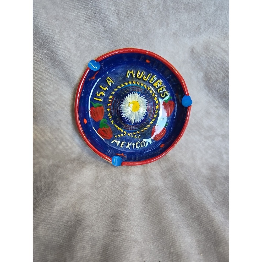 Vtg Mexican Hand Painted Isla Mujeres Terra Cotta Clay Ashtray